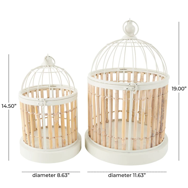 Brown Bamboo Wood Handmade Birdcage Set with White Metal Accents