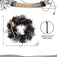 Glitzhome® 24"D Halloween Black Rose, Skeleton and Berry Wreath with Hanger