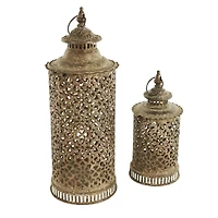 Brown Distressed Ornate Floral Candle Lantern Set