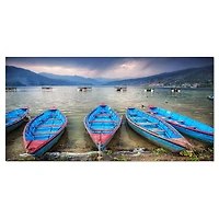 Designart - Row of Blue Boats in Pokhara Lake - Large Boat Canvas Art Print