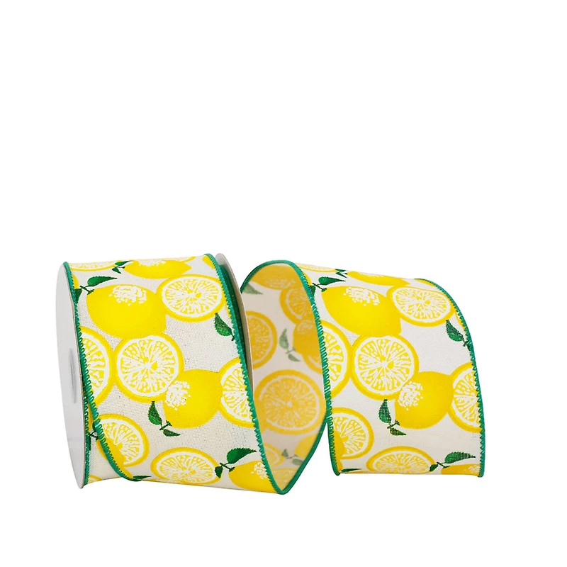 JAM Paper 2.5" x 10yd. Faux Linen Wired Lemons Ribbon
