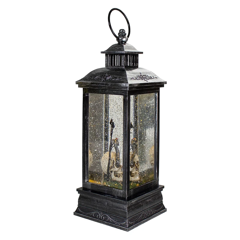 11" Black & Brushed Silver LED Skull Head Halloween Snow Globe Lantern