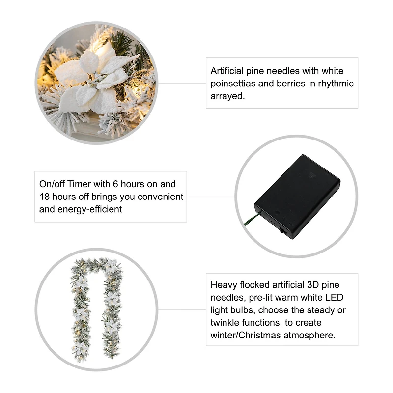 Glitzhome® 2 Pack 9ft. Pre-Lit Snow Flocked Greenery Pine Poinsettia Christmas Garland