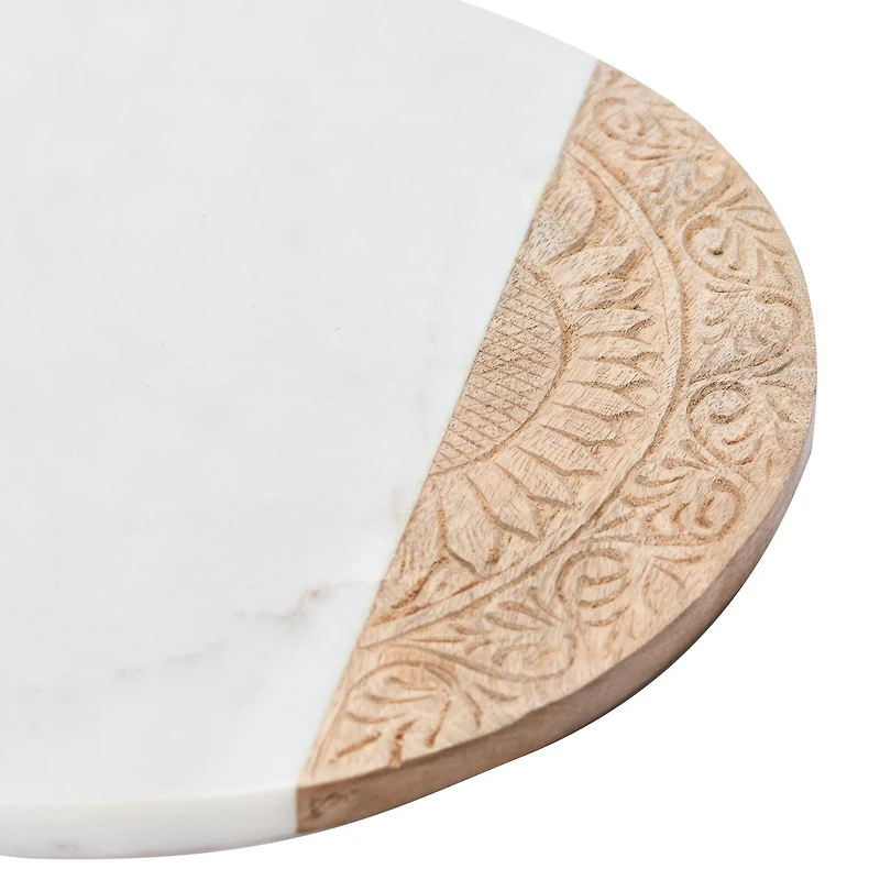 Hello Honey® 12" Round Contemporary Mango Wood & Marble Serving Board with Engraved Design