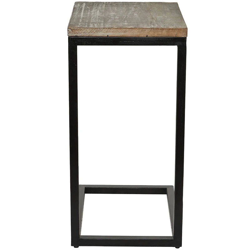Brown Wood Distressed C-Shaped Accent Table with Black Metal Base 13" x 18" x 26"