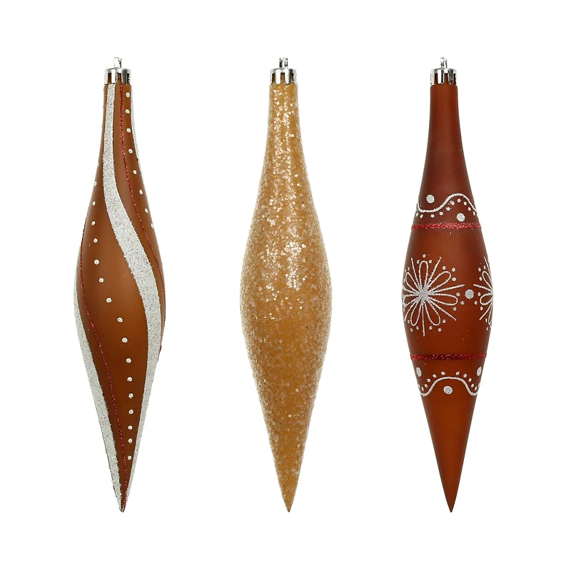 6 Pack 7.7" Brown, White & Gold Glitter Shatterproof Teardrop Ornaments by Ashland®