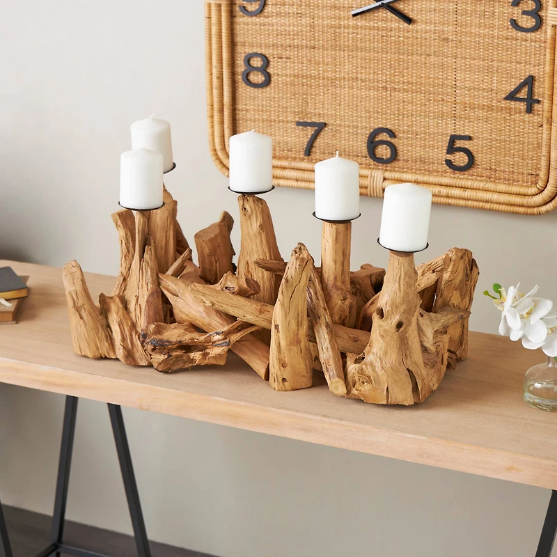 27" Brown Teak Wood Handmade Live Edge Candelabra