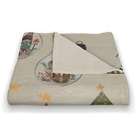 Cream Tree & Globe Pattern Coral Fleece Blanket