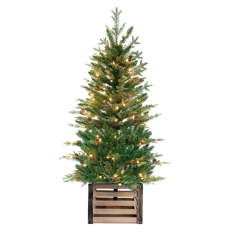 4ft. Pre-Lit Asheville Fir Artificial Christmas Tree with Wooden Crate Base, Clear Lights