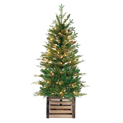 4ft. Pre-Lit Asheville Fir Artificial Christmas Tree with Wooden Crate Base, Clear Lights