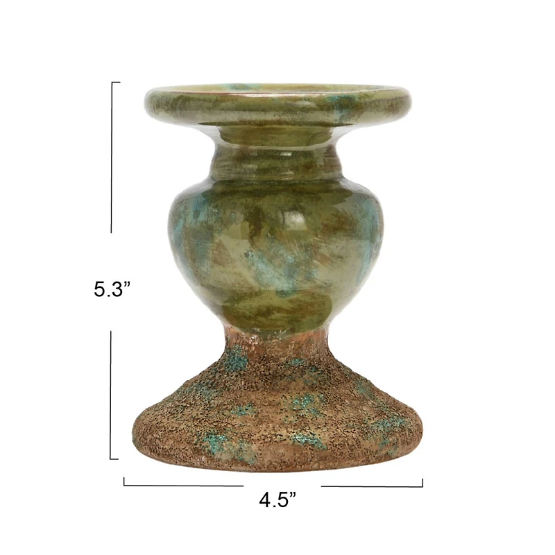 Hello Honey® Distressed Green 2-Tone Sculptural Terracotta Pillar Candle Holder