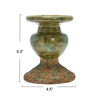 Hello Honey® Distressed Green 2-Tone Sculptural Terracotta Pillar Candle Holder