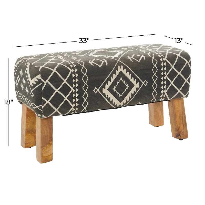 33" Black Wood Tribal Bench with Wood Legs
