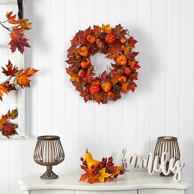 24" Autumn Maple Leaves, Pumpkin, Pinecone & Berries Wreath