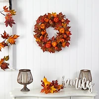 24" Autumn Maple Leaves, Pumpkin, Pinecone & Berries Wreath