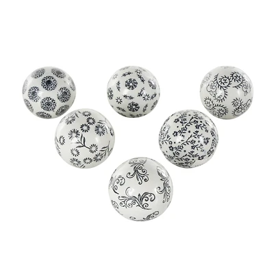 3" White & Black Floral Ceramic Decorative Ball Orbs Set
