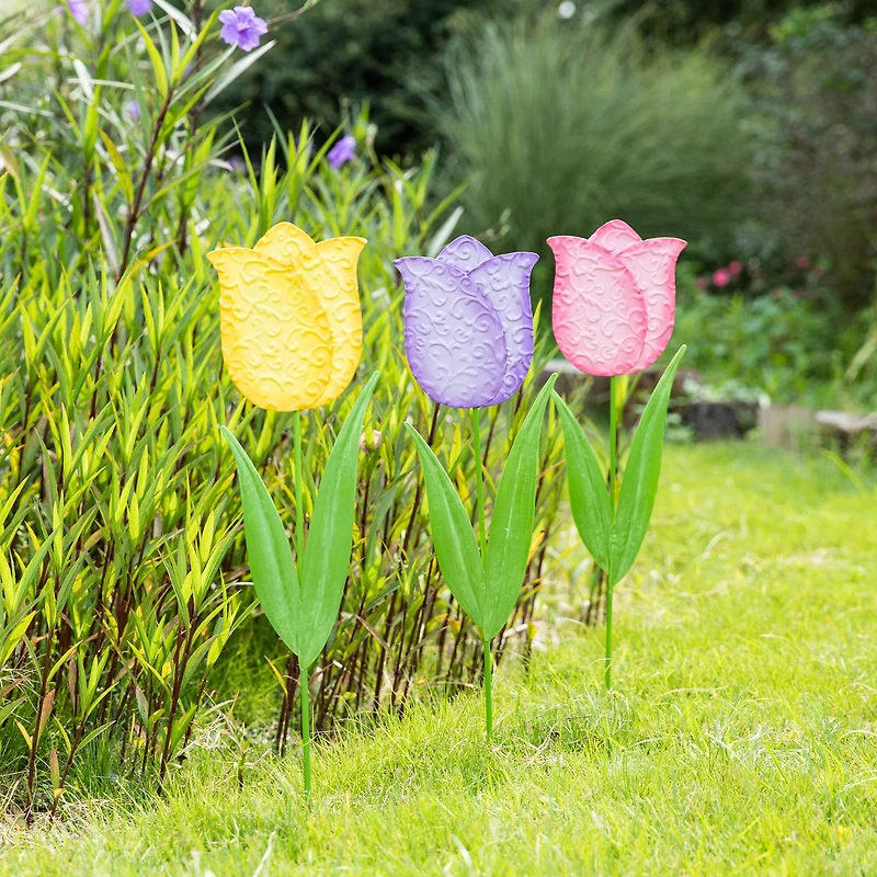 Glitzhome® 24" Easter Metal Tulips Yard Stake Set