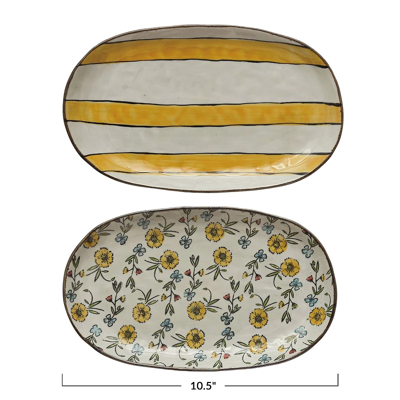 Hello Honey® 10.5" Hand-Painted Floral & Striped Pattern Stoneware Platter Set