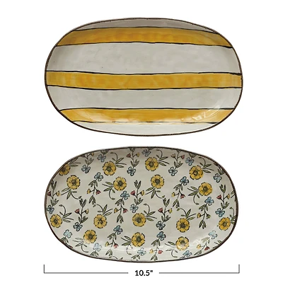 Hello Honey® 10.5" Hand-Painted Floral & Striped Pattern Stoneware Platter Set