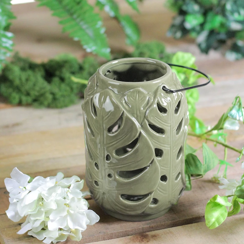 7" Elegant Moss Green Cutout Leaf Ceramic Candle Holder Lantern