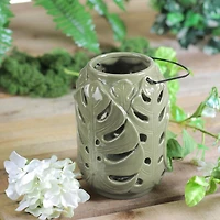 7" Elegant Moss Green Cutout Leaf Ceramic Candle Holder Lantern