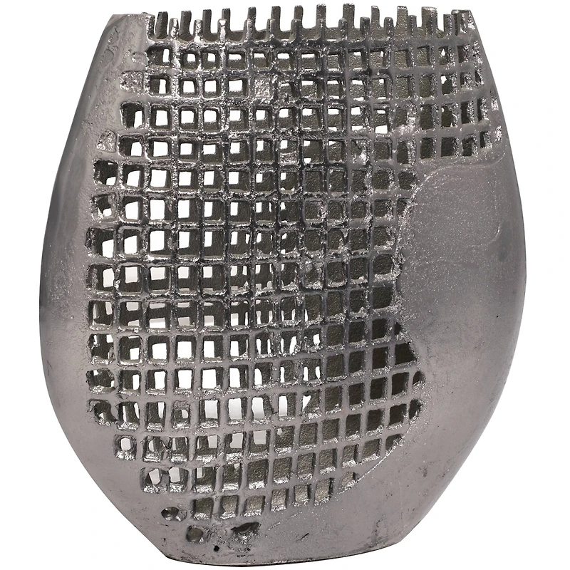13" Dark Gray Aluminum Grid Inspired Abstract Vase with Open Frame Design