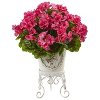 18.5" Pink UV Resistant Geranium Arrangement with White Metal Planter