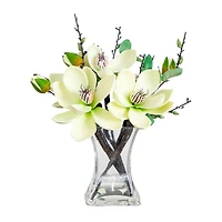 15" White Magnolia Arrangement with Glass Vase