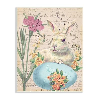 Stupell Industries Easter Bunny Spring Blue Egg Vintage Postal Script Wall Plaque
