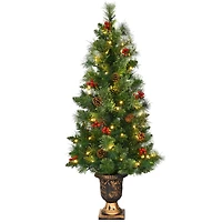Costway 5ft Pre-Lit Entrance Fir Artificial Christmas Tree in Gold Urn Planter, Warm White LED Lights