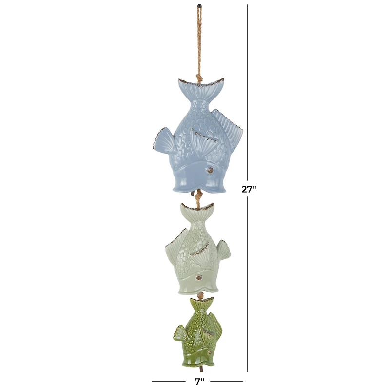 27" Green & Blue Ceramic Fish Windchime with Brown Rope
