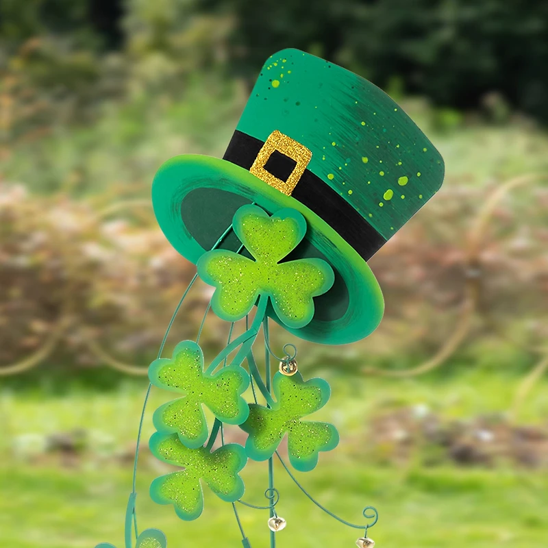 Glitzhome® 42" St. Patrick's Metal Leprechaun Hat Shamrocks Yard Stake