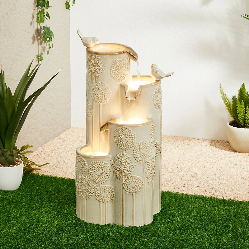Glitzhome® 31.75" Beige 4-Tier Dandelion Texture Vase-Shaped Ceramic Outdoor Fountain with LED Light
