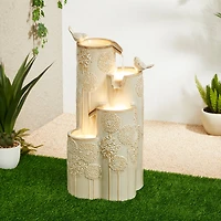 Glitzhome® 31.75" Beige 4-Tier Dandelion Texture Vase-Shaped Ceramic Outdoor Fountain with LED Light