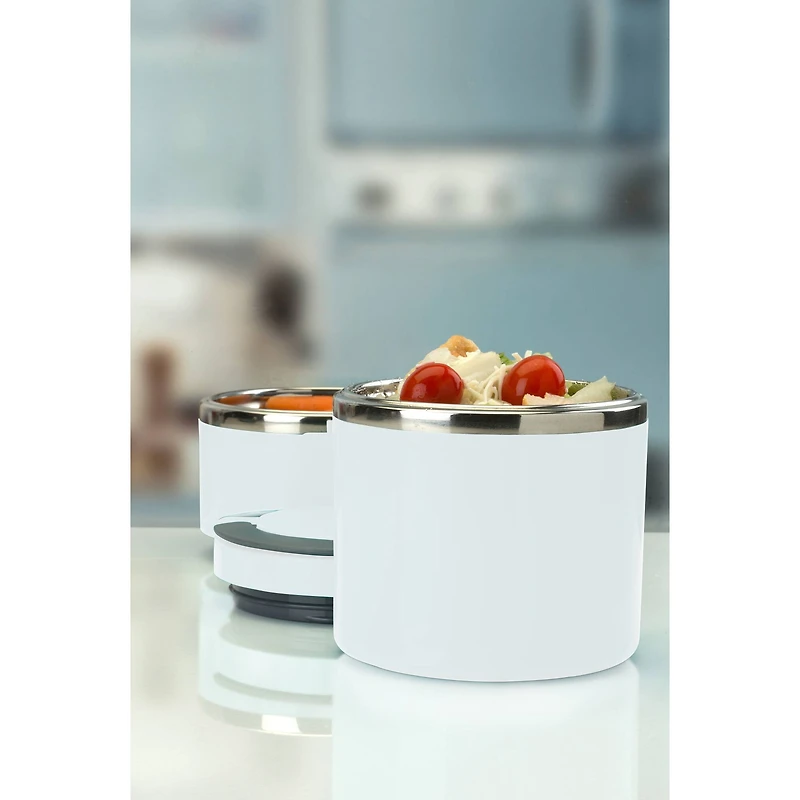 Kitchen Details 2-Tier Round Twist White Insulated Stainless Steel Lunch Box