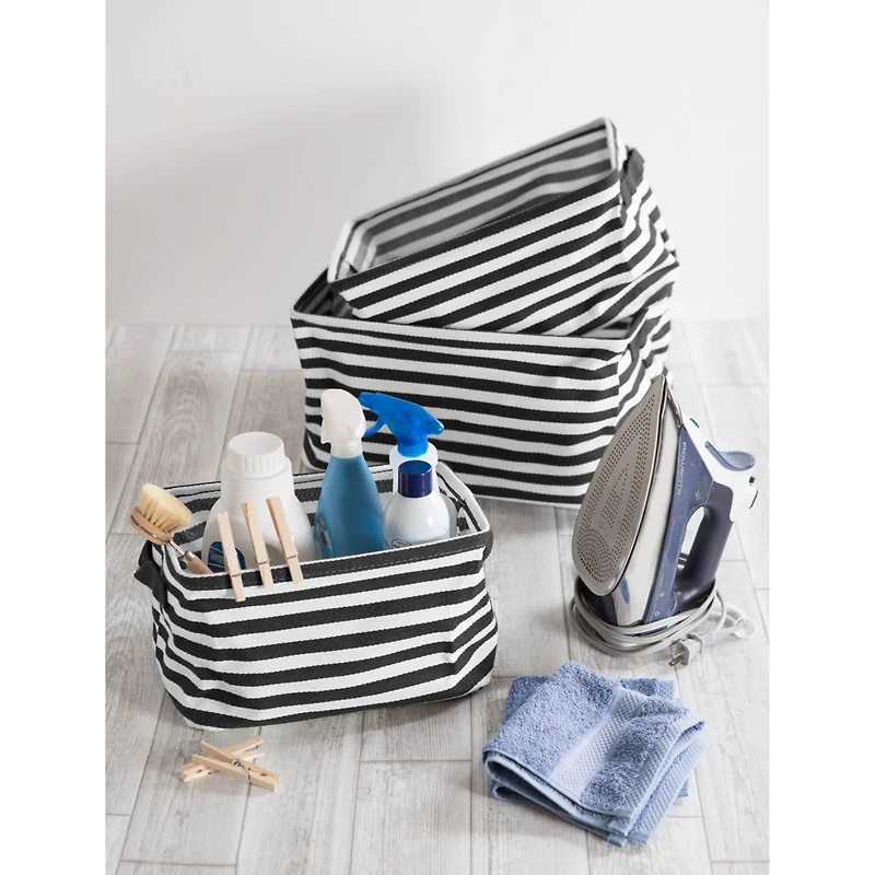 DII® Stripes PE-Coated Herringbone Woven Cotton Laundry Bin Set