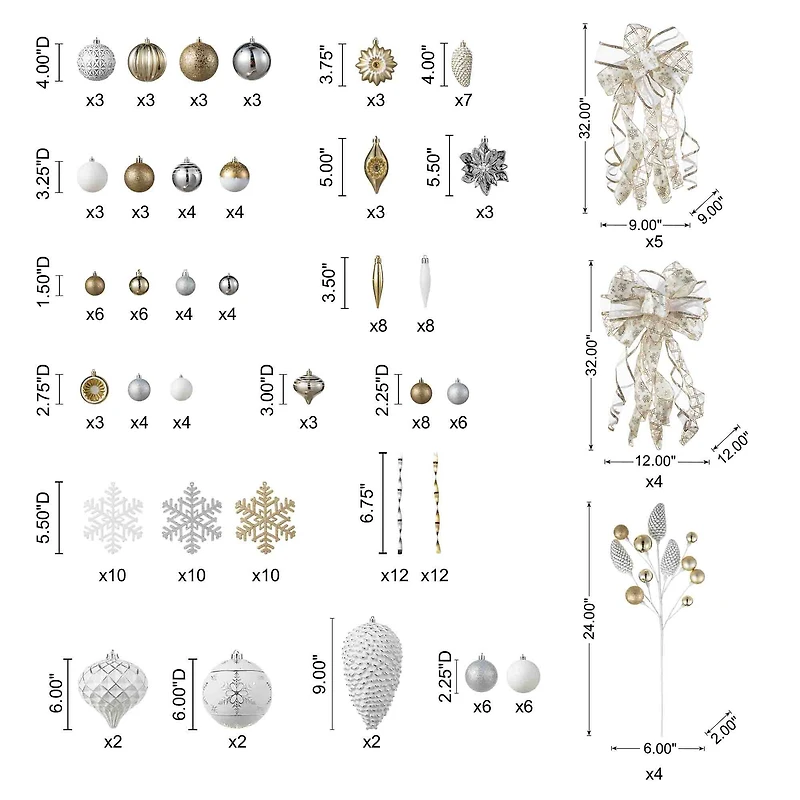 Glitzhome® Elegant Silver & Gold Shatterproof Ornaments, Pinecone Picks & Ribbon Bow Set