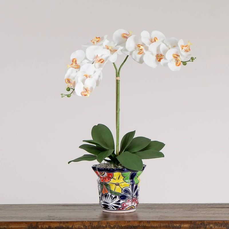 2ft. Artificial Double Orchid Arrangement in Handmade Mexican Talavera Ceramic Planter