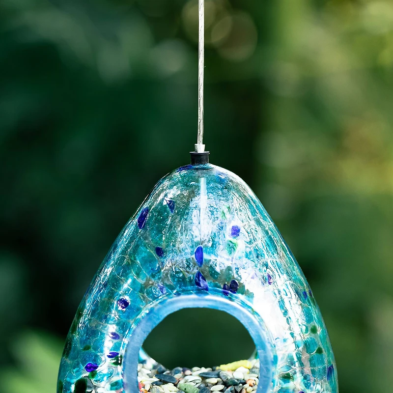 Glitzhome® 6.75" Blue Dots Glass Water Drop Hanging Bird Feeder