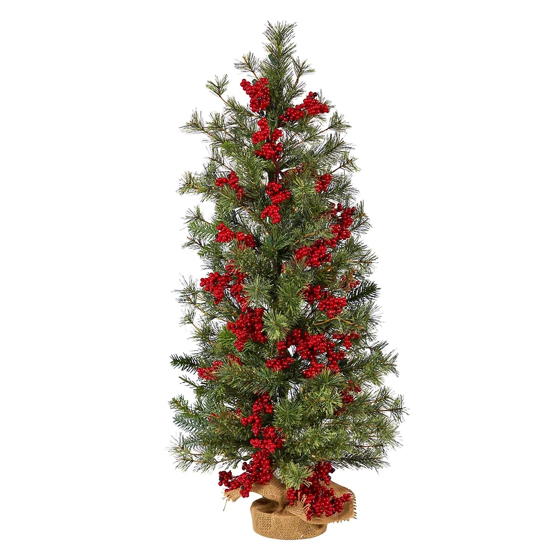 3ft. Pre-Lit Pine Artificial Christmas Tree with Berries and Burlap Base, Warm White Lights