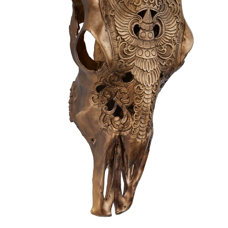 Bronze Polystone Carved Skull Cow Wall Decor 28" x 7" x 30"