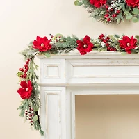 Glitzhome® 6FT Christmas Red Mangnolia & Berry Garland
