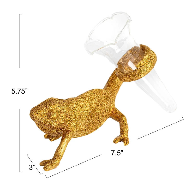 Hello Honey® 7.5" Long Gold Chameleon with Glass Vase