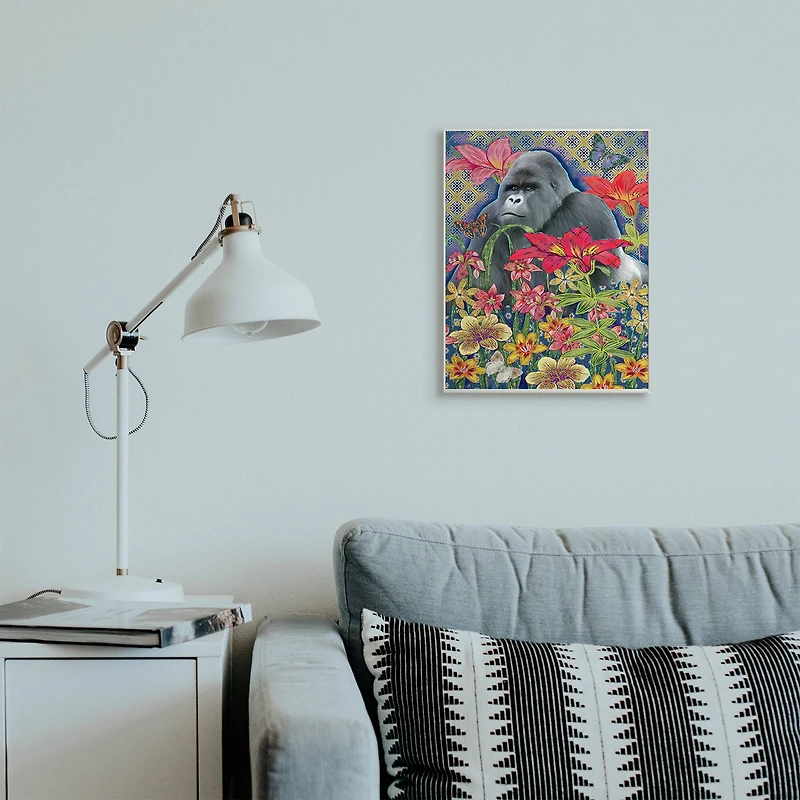 Stupell Industries Gorilla Standing Behind Tropical Florals Geometric Pattern Wall Plaque