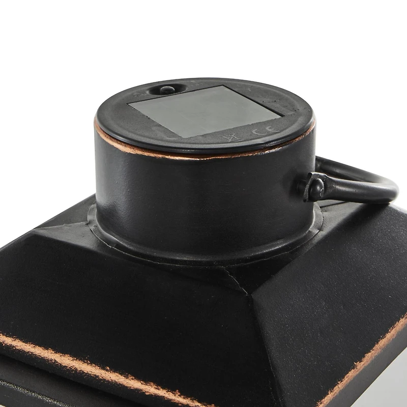 14" Black Metal Modern Candle Lantern with Gold Accents