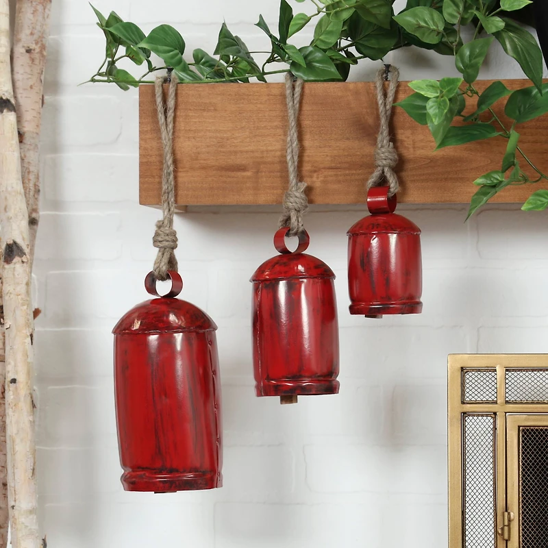 Red Metal Cow Bells Tibetan Inspired Decorative with Jute Hanging Rope Set