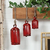 Red Metal Cow Bells Tibetan Inspired Decorative with Jute Hanging Rope Set
