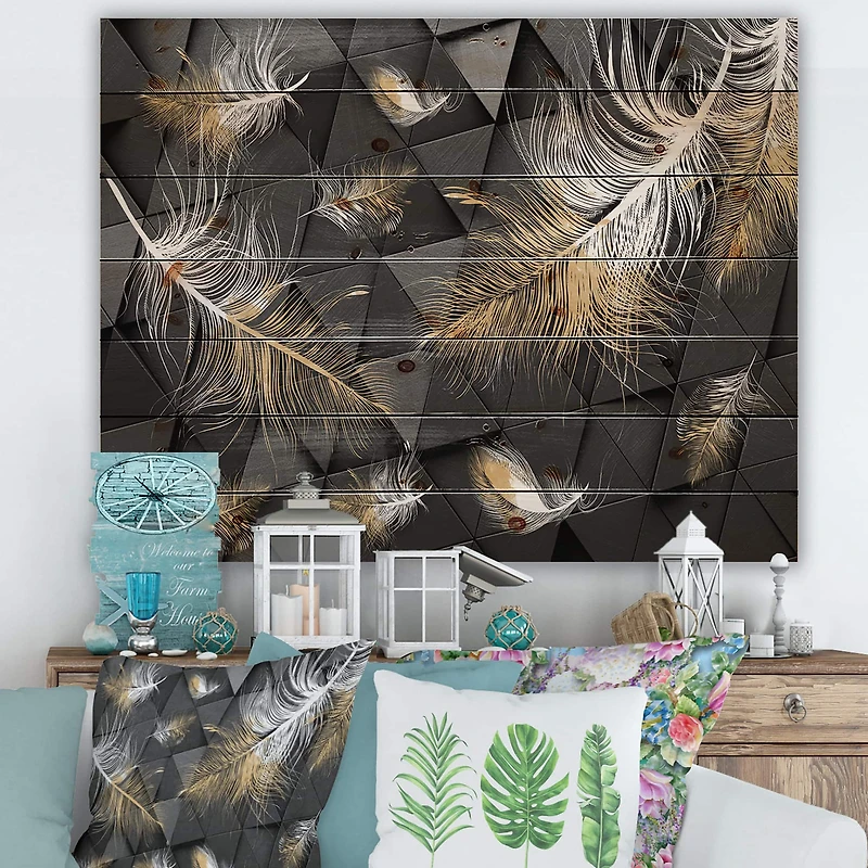 Designart - White and Gold Feathers On Triangular