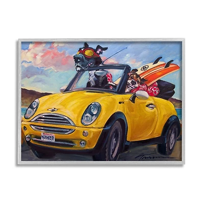 Stupell Industries Pet Dogs Yellow Convertible Surfboard Beach Car Framed Wall Art