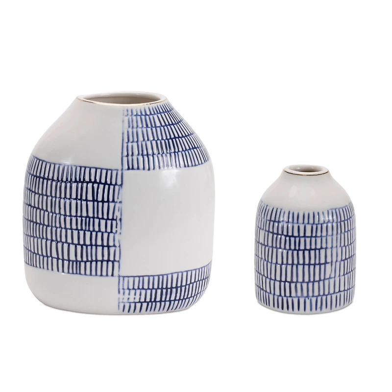 Blue Etched Ceramic Bud Vase Set